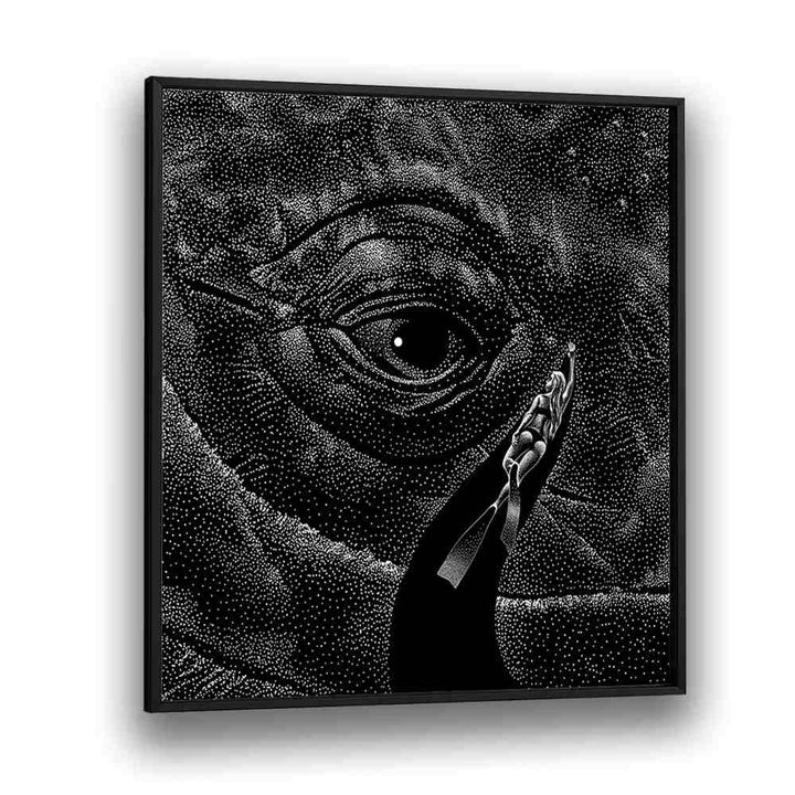 Explore the depths of imagination with IN THE WHALE'S EYE MONOCHROME, SURREAL ART PRINTS by Aliriza Çakır.