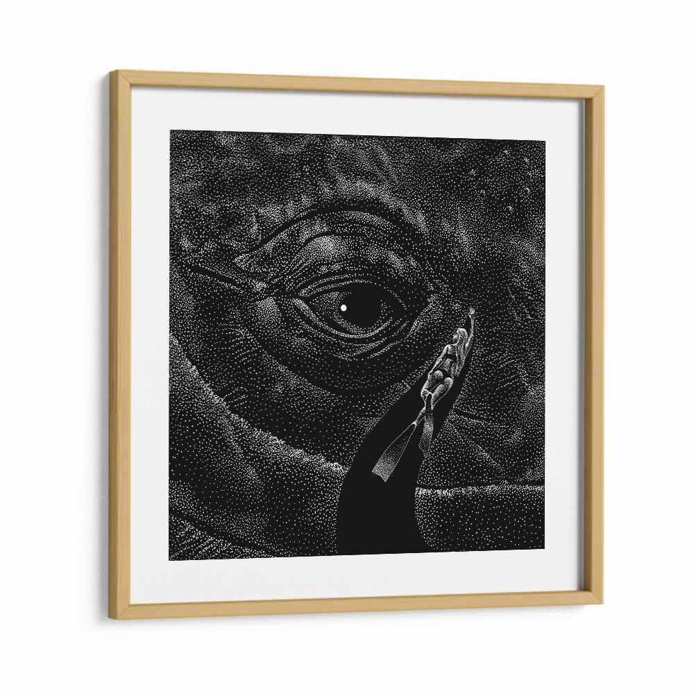Explore the depths of surrealism with IN THE WHALE'S EYE MONOCHROME, SURREAL ART PRINTS by Aliriza Çakır.