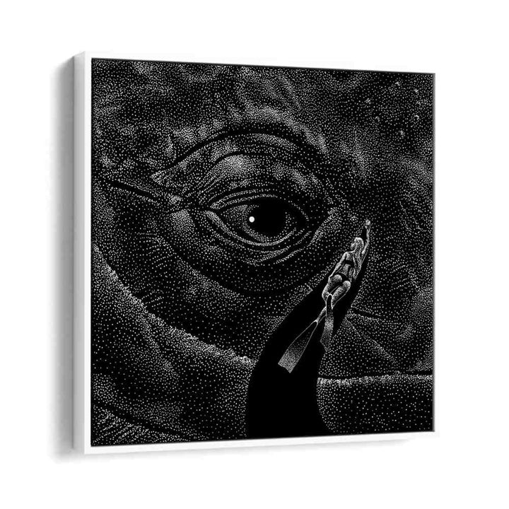 Surreal art print "IN THE WHALE'S EYE MONOCHROME" by Aliriza Çakır, showcasing a striking black and white design.