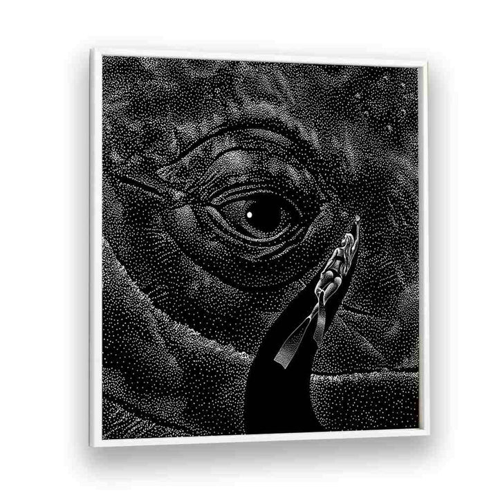 Explore the depths of surrealism with IN THE WHALE'S EYE MONOCHROME, SURREAL ART PRINTS by Aliriza Çakır.