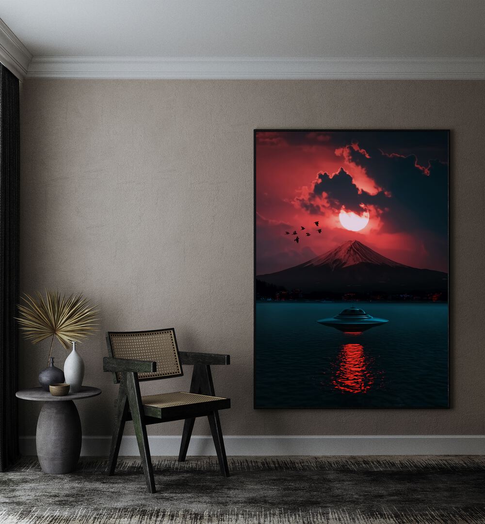 Surreal art print "INCOMING UFO" by Ritvik Takkar, featuring a UFO over a reflective lake at sunset. Perfect for decor.