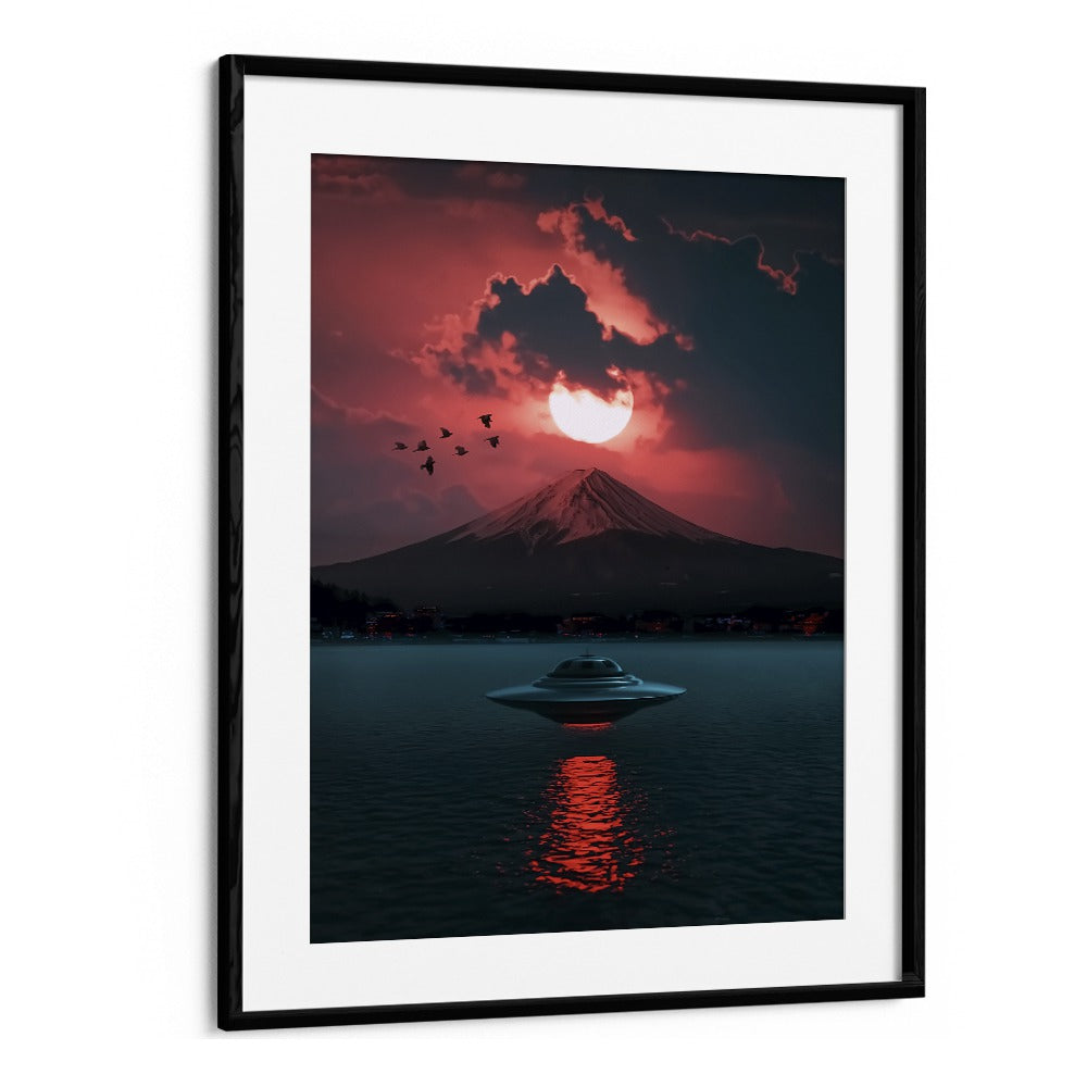 "INCOMING UFO, SURREAL ART PRINTS by Ritvik Takkar showcases a UFO over a serene landscape at sunset."