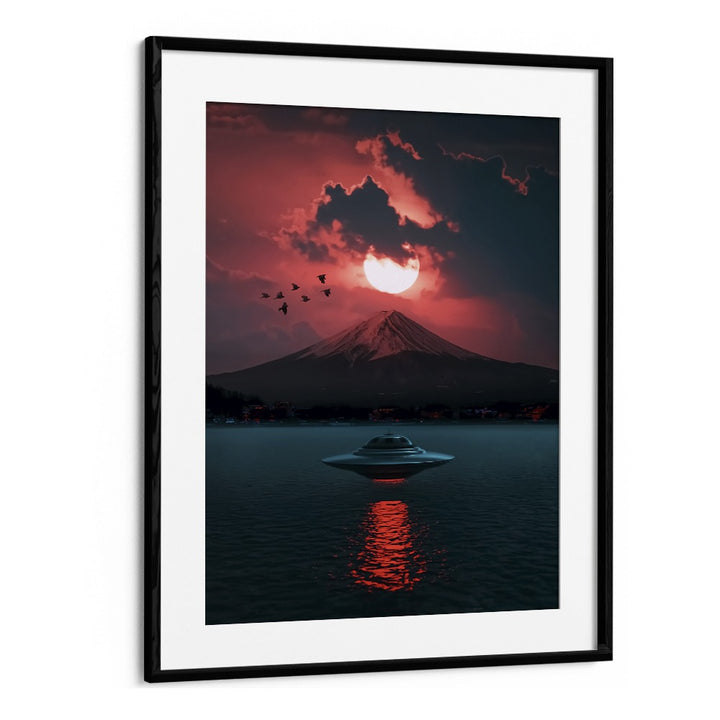 "INCOMING UFO, SURREAL ART PRINTS by Ritvik Takkar showcases a UFO over a serene landscape at sunset."