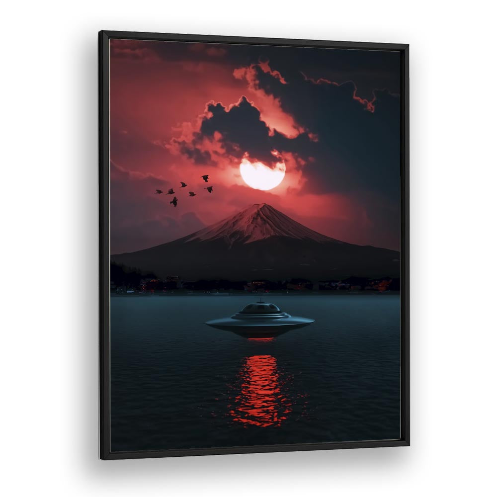 Surreal art print "INCOMING UFO" by Ritvik Takkar, featuring a UFO against a stunning sunset backdrop.