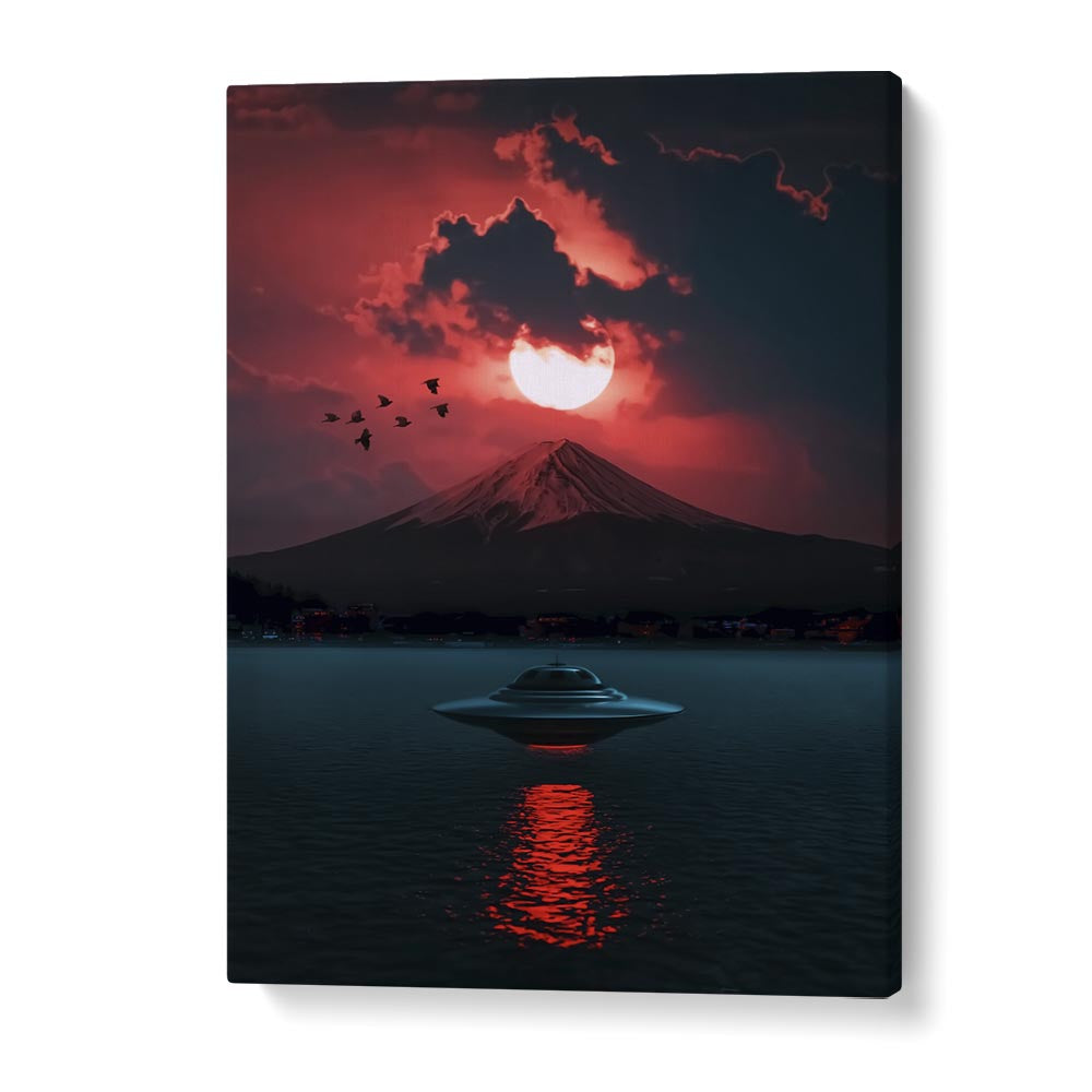 Surreal art print "INCOMING UFO" by Ritvik Takkar features a UFO over a mountain at sunset, perfect for any space.