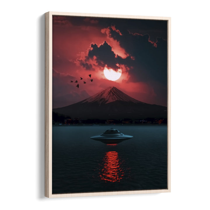 Surreal art print "INCOMING UFO" by Ritvik Takkar showcases a UFO against a dramatic sunset backdrop.
