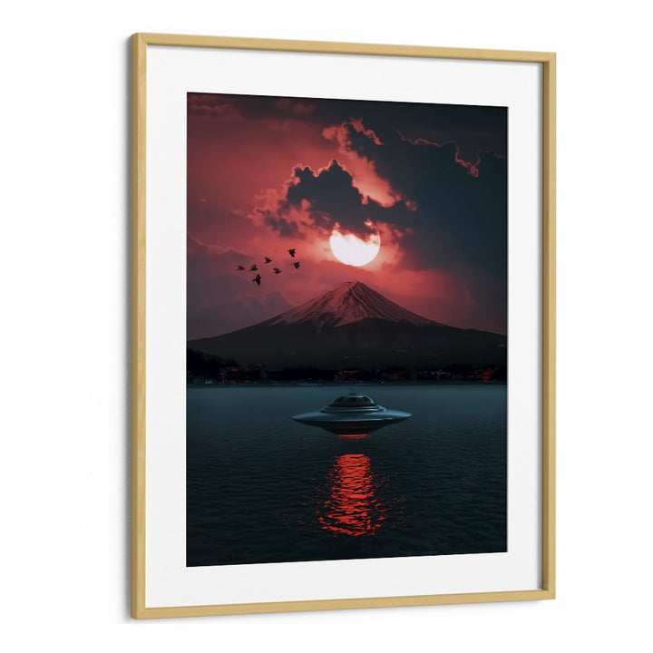 Stunning INCOMING UFO, SURREAL ART PRINTS by Ritvik Takkar, featuring a captivating UFO at sunset over a mountain lake.