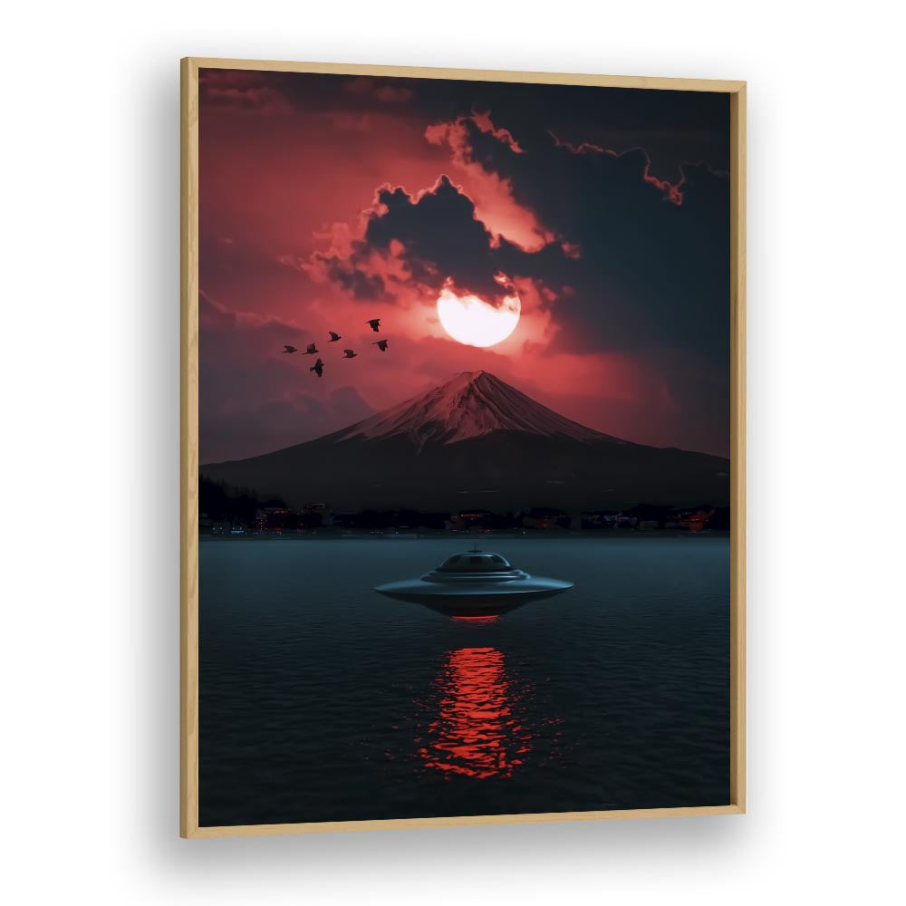 Surreal art print "INCOMING UFO" by Ritvik Takkar, featuring a UFO over a lake with a dramatic sunset backdrop.