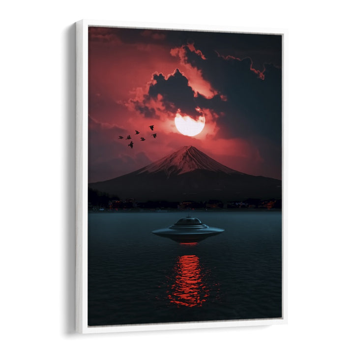 Surreal art print "INCOMING UFO" by Ritvik Takkar features a UFO against a dramatic sunset, perfect for unique decor.