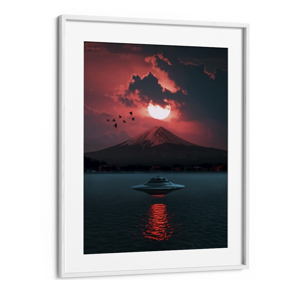 Surreal art print "INCOMING UFO" by Ritvik Takkar, featuring a UFO over a serene landscape. Perfect for transforming spaces.