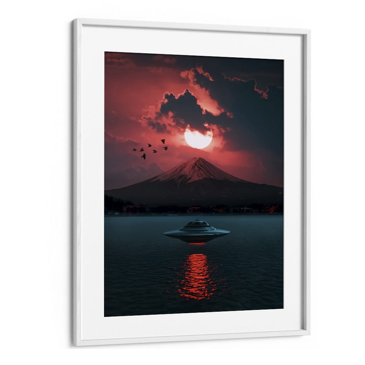 Surreal art print "INCOMING UFO" by Ritvik Takkar, featuring a UFO over a serene landscape. Perfect for transforming spaces.