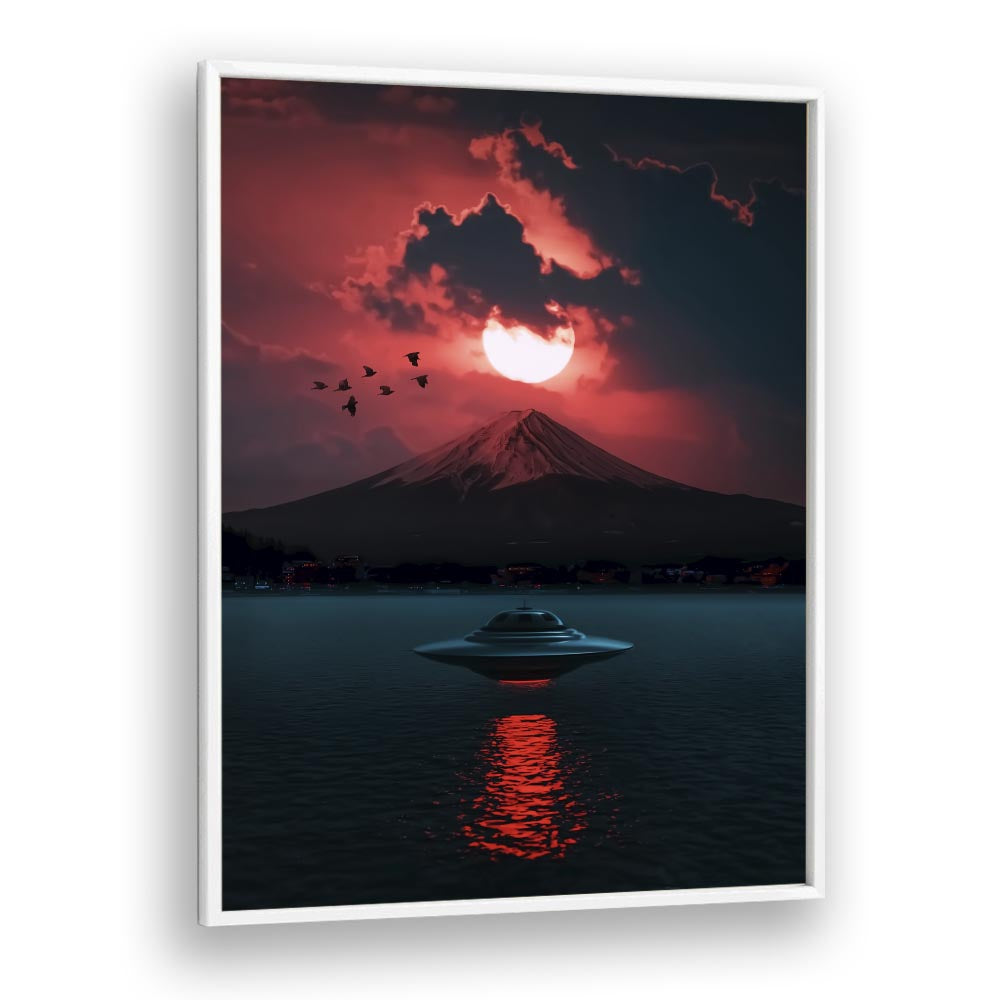 Surreal art print "INCOMING UFO" by Ritvik Takkar features a UFO over a reflective lake and dramatic mountainscape.
