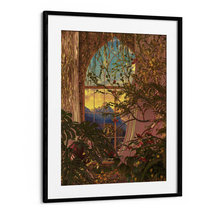 "INDOOR GROWTH, SURREAL ART PRINTS by Cosmo Zach enhances your space with enchanting surrealism in a sleek black frame."