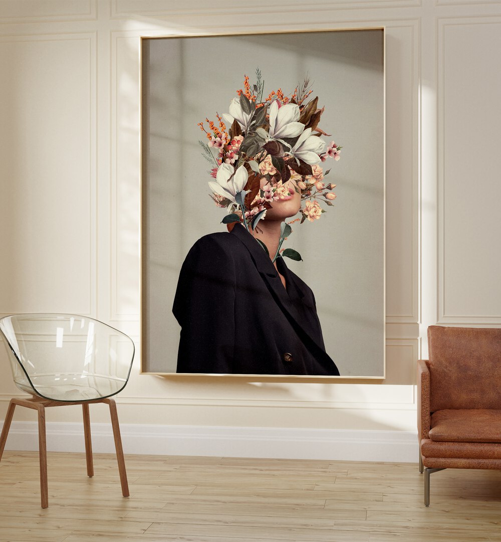 Surreal art print "INFINITE MOMENTS INFINITE AUTUMNS" by Frank Moth, showcasing a floral headpiece in a chic setting.