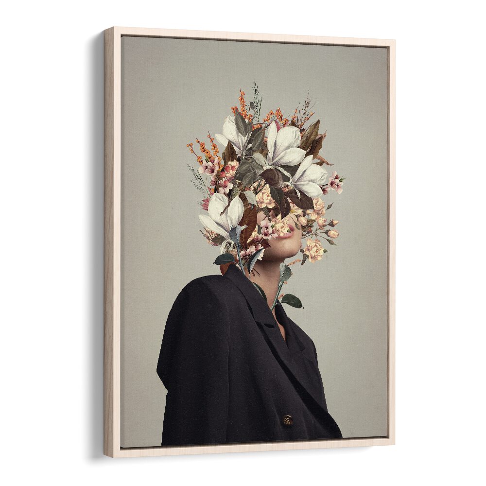 Surreal art print "INFINITE MOMENTS INFINITE AUTUMNS" by Frank Moth, showcasing a floral headpiece and elegant attire.