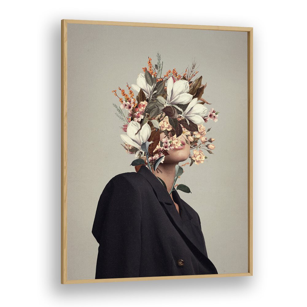 Surreal art print "INFINITE MOMENTS INFINITE AUTUMNS" by Frank Moth showcases breathtaking floral imagery in oak frame.