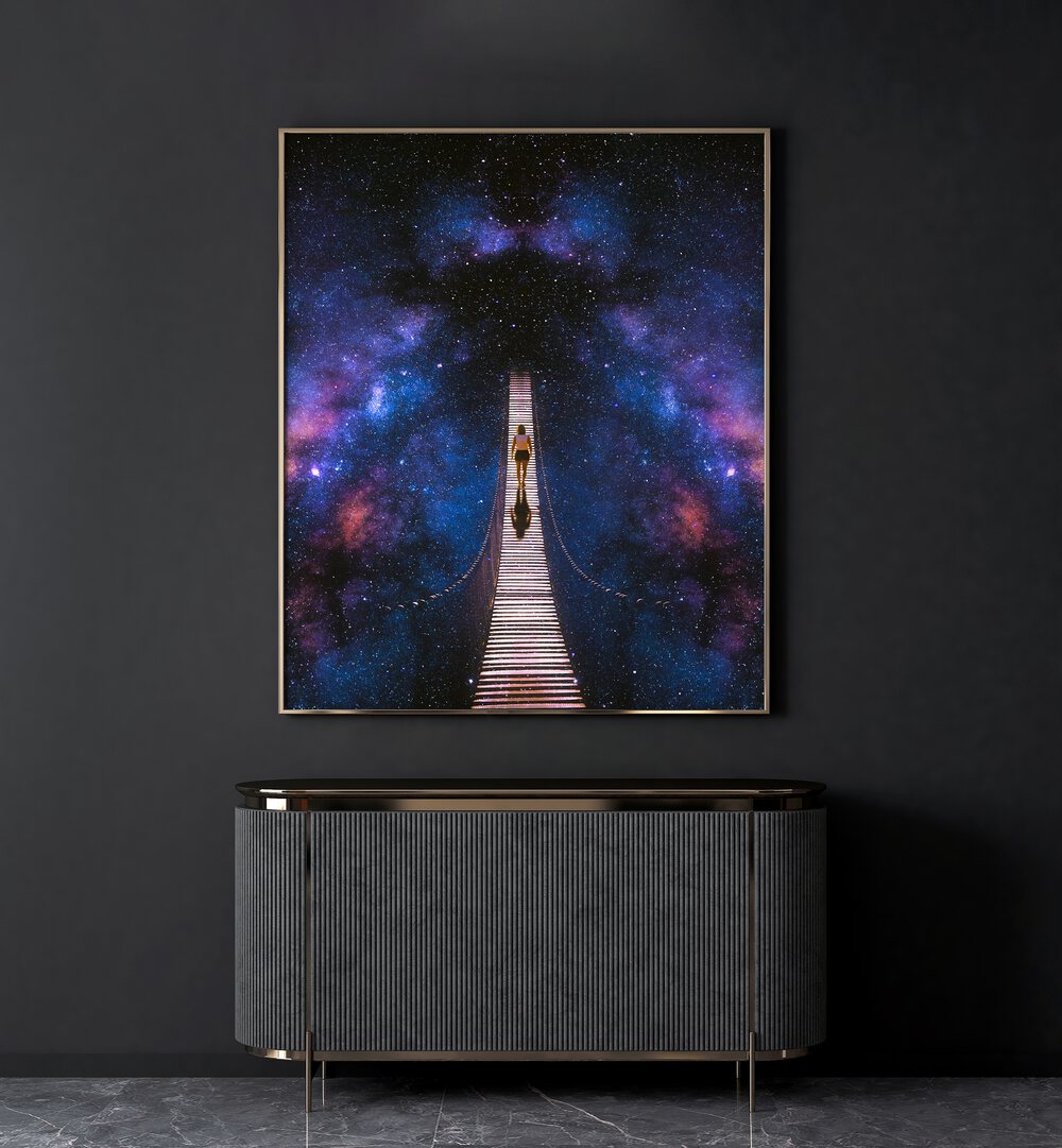 Stunning INFINITY, SURREAL ART PRINTS artwork by Taudalpoi, featuring a cosmic bridge in vibrant colors.