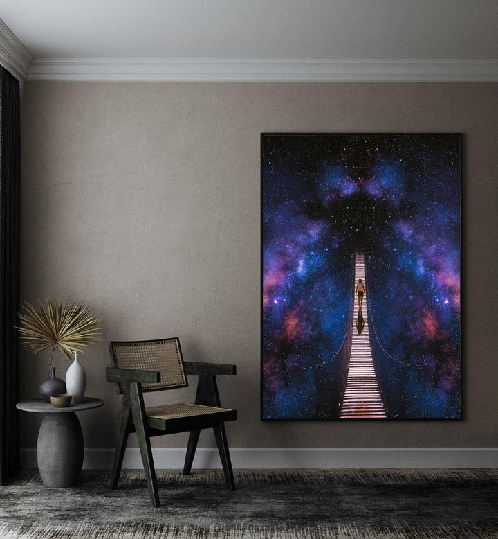 Stunning INFINITY, SURREAL ART PRINTS by Taudalpoi, featuring a cosmic bridge amidst vibrant colors and stars.