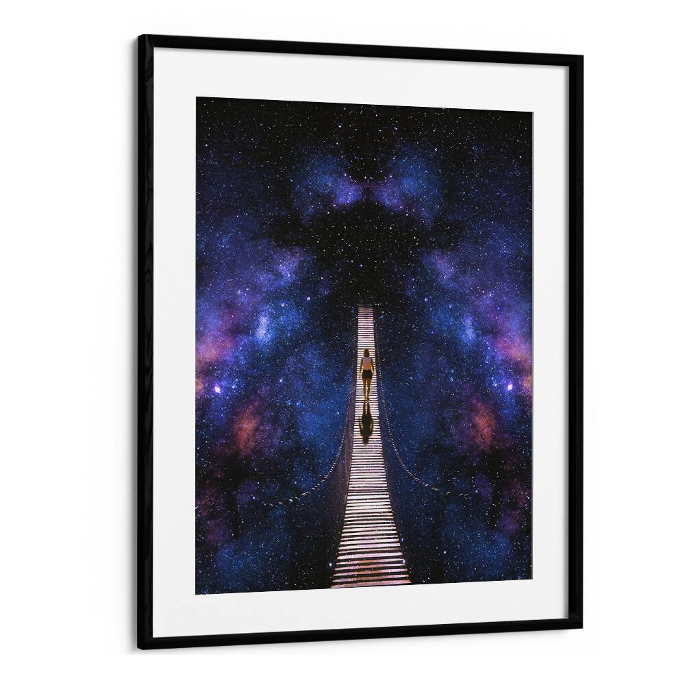 Stunning INFINITY, SURREAL ART PRINTS showcase a cosmic pathway in a black frame, perfect for inspiring decor.