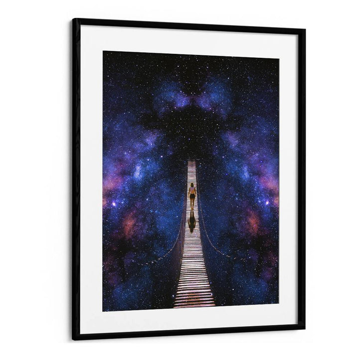 Stunning INFINITY, SURREAL ART PRINTS showcase a cosmic pathway in a black frame, perfect for inspiring decor.