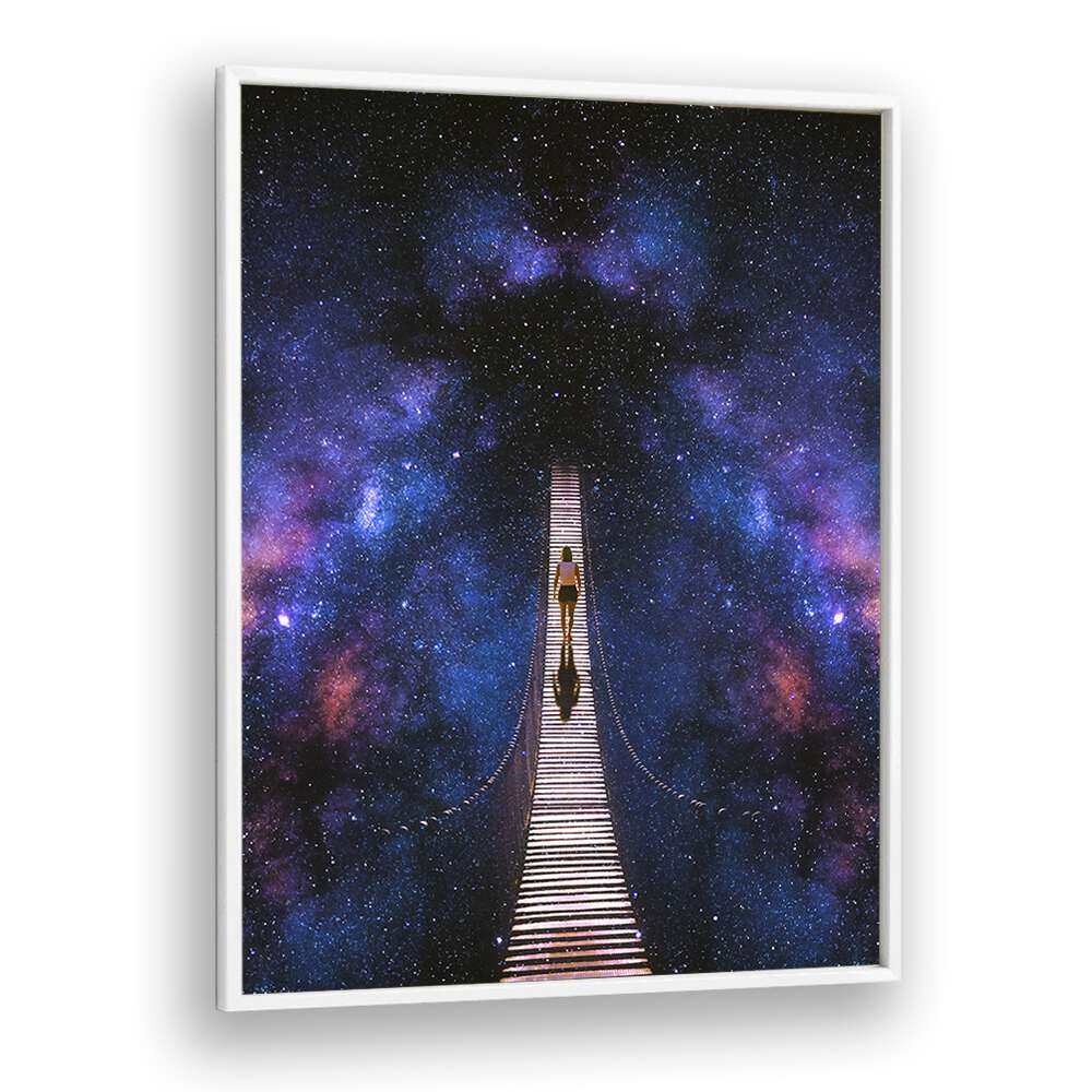 Stunning INFINITY, SURREAL ART PRINTS featuring a cosmic bridge, beautifully framed for modern decor. Perfect for your space.