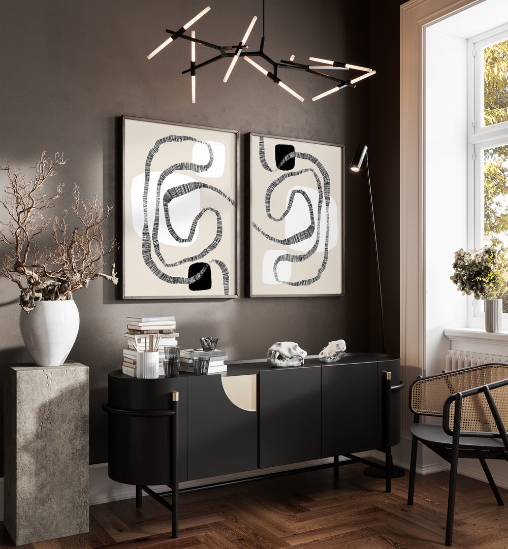 Stylishly enhance your decor with the INTERTWINED PATHS SET, SET OF 2 PAINTINGS, perfect for modern living spaces.
