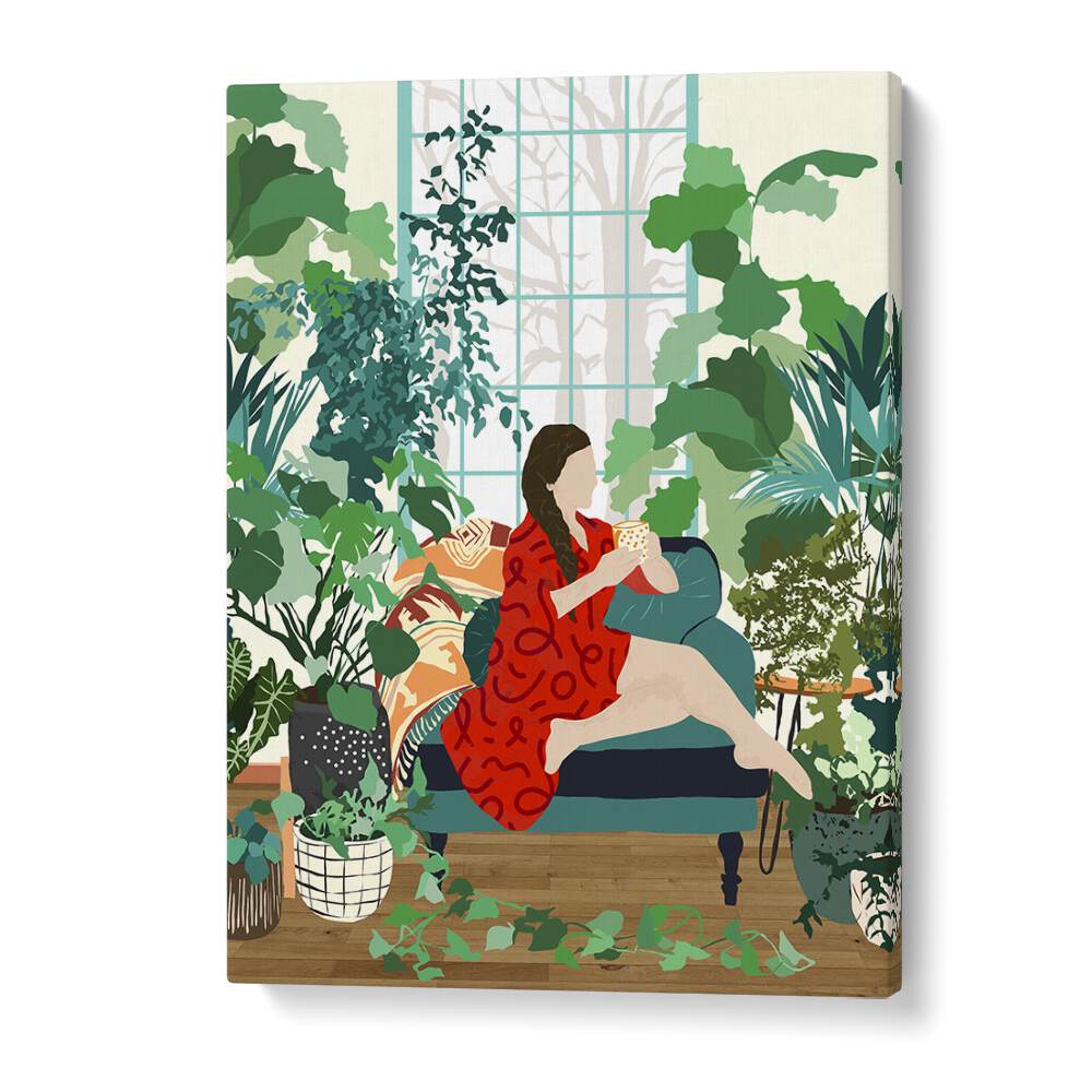 Stunning woman illustration by Uma Gokhale, embodying INTROSPECTION, PORTRAITS amidst lush greenery and vibrant colors.