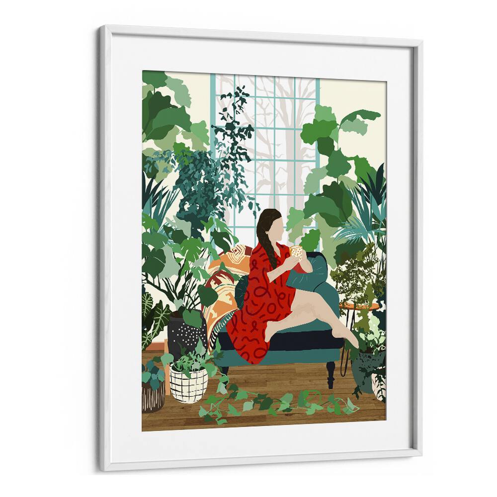 Elegant woman surrounded by greenery in a vibrant red robe, showcasing INTROSPECTION, PORTRAITS by Uma Gokhale.