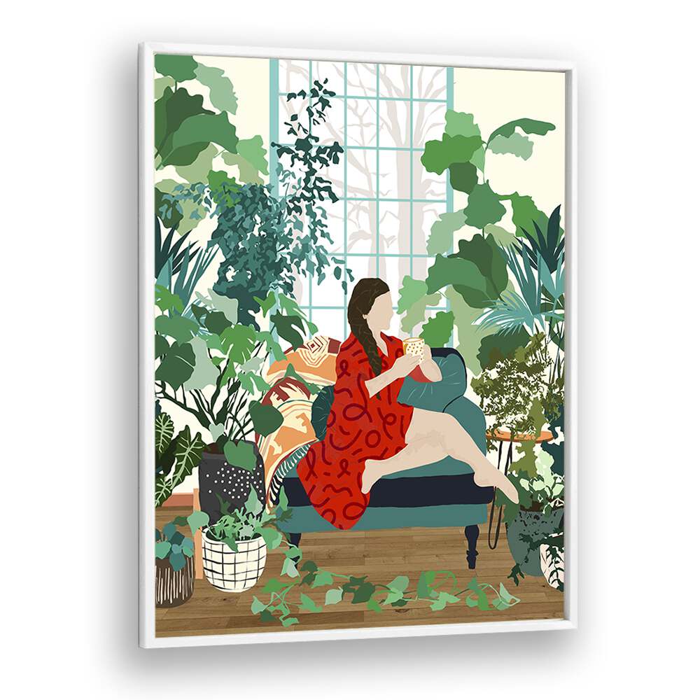 Explore INTROSPECTION, PORTRAITS with Uma Gokhale's captivating woman illustration surrounded by lush greenery.