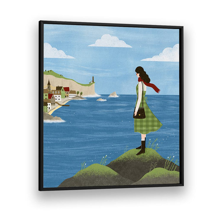 Enchanting IRISH SEASIDE illustration by Julia Leister, showcasing Ireland's coastal beauty in a stylish black frame.