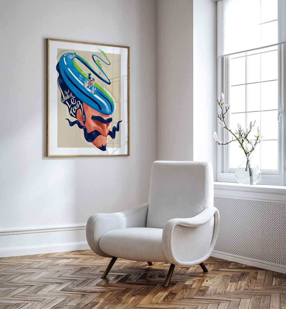 Vibrant JA DORLE TOUR, SPORTS POSTERS showcased in a stylish living room, perfect for adventure enthusiasts.