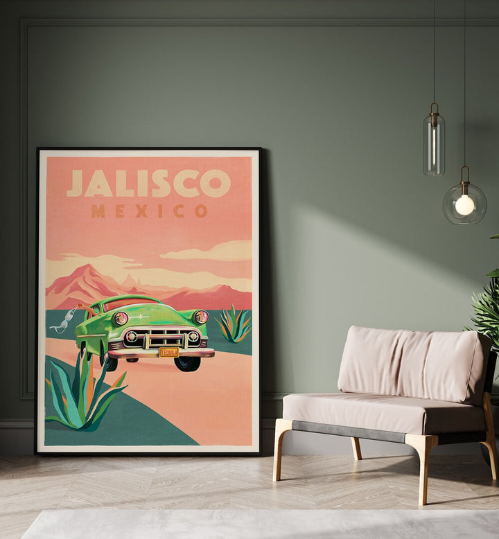 Vintage Jalisco Mexico travel poster featuring a classic car, capturing the charm of Jalisco, Mexico, perfect for decor.