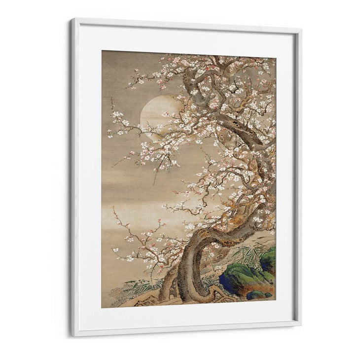 Elegant JAPANESE PLUM BLOSSOMS IN MOONLIGHT (18TH CENTURY) , JAPANESE PAINTINGS art print in a white frame, showcasing tranquility.