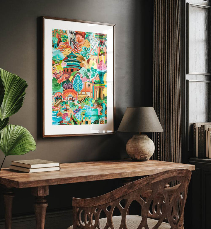 Colorful "JOURNEY OF DISCOVERY, INDIAN ART PAINTINGS" artwork enhancing a cozy workspace, showcasing India's rich heritage.