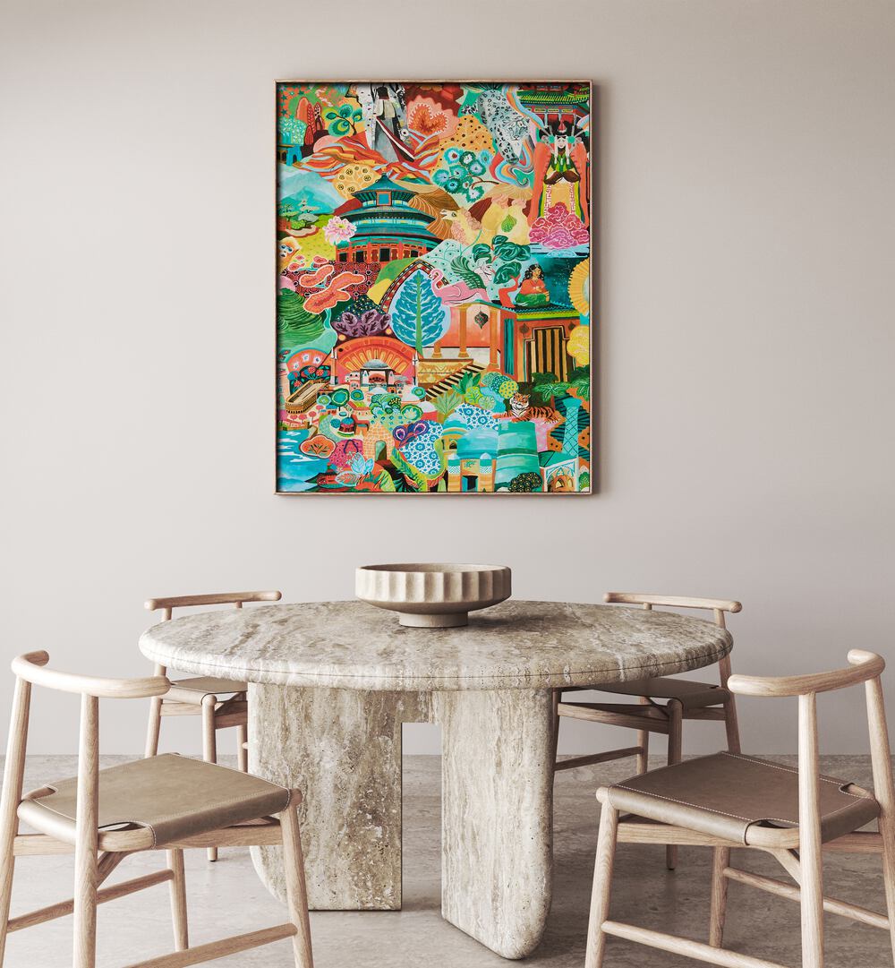 Vibrant JOURNEY OF DISCOVERY, INDIAN ART PAINTINGS enhancing a modern room with rich cultural artistry.