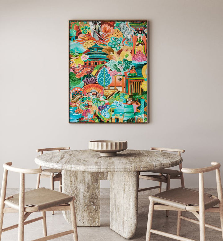 Vibrant JOURNEY OF DISCOVERY, INDIAN ART PAINTINGS enhancing a modern room with rich cultural artistry.