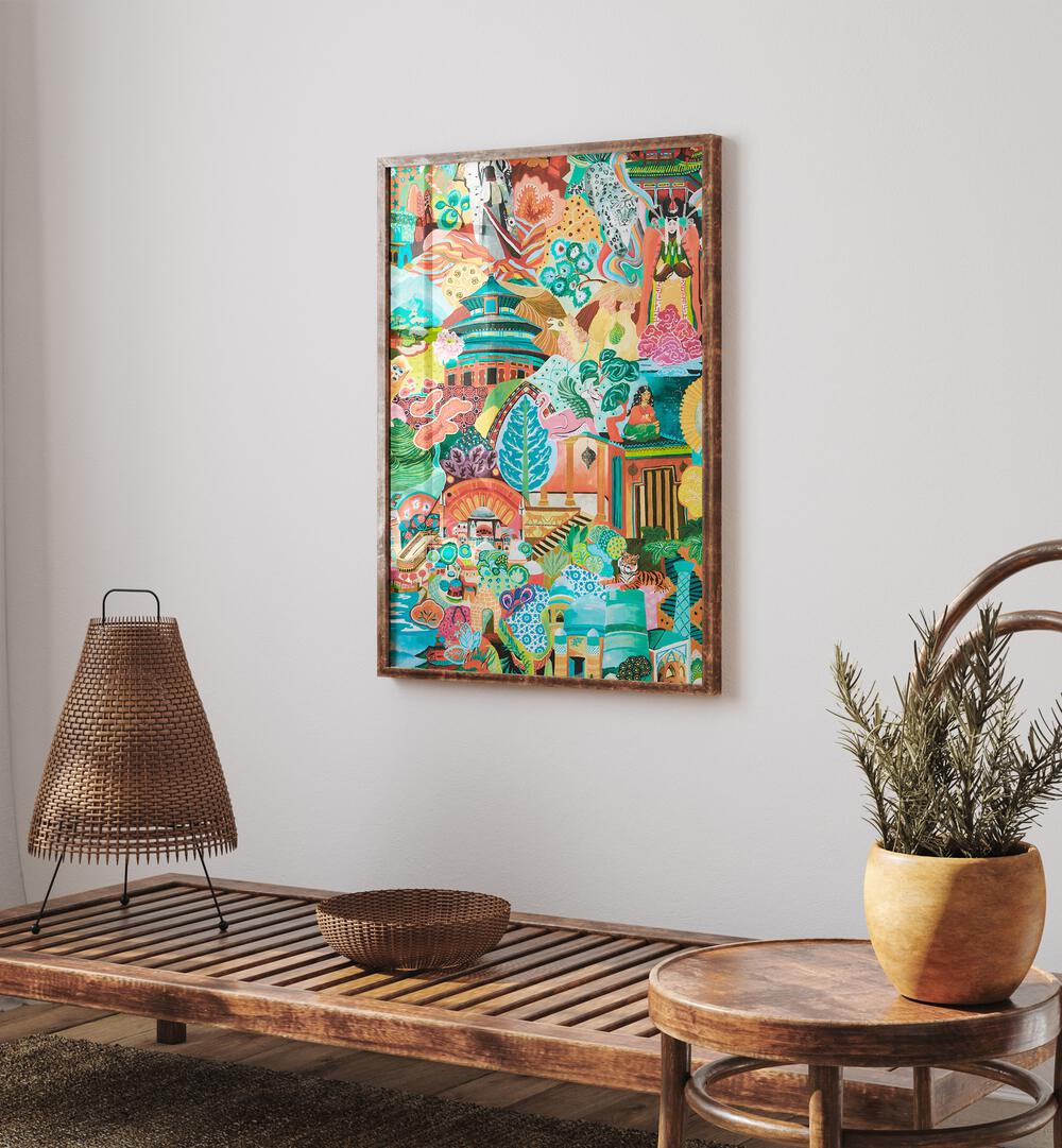 Vibrant JOURNEY OF DISCOVERY, INDIAN ART PAINTINGS displayed in a cozy interior, adding warmth and elegance.