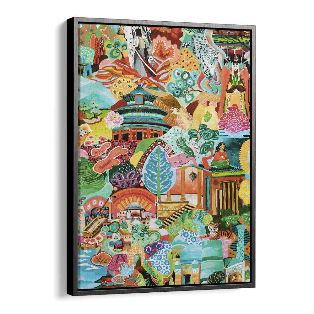 Vibrant JOURNEY OF DISCOVERY, INDIAN ART PAINTINGS showcasing rich cultural heritage in a stylish black floater frame.