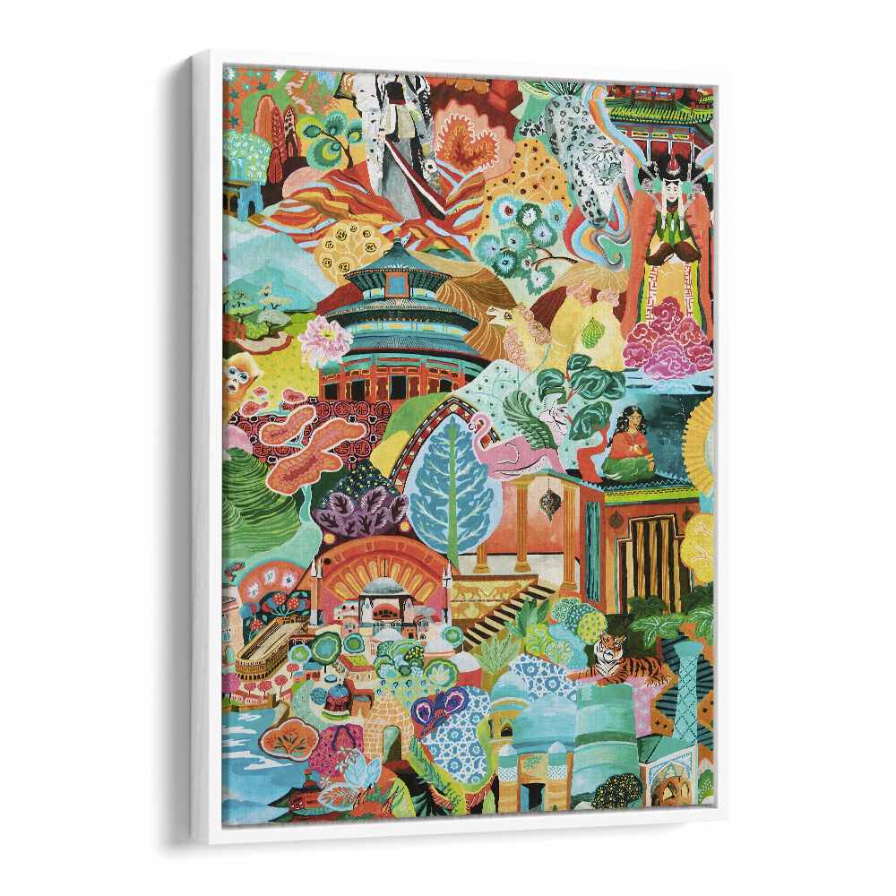 Vibrant JOURNEY OF DISCOVERY, INDIAN ART PAINTINGS showcasing rich heritage and artistic brilliance in a white floater frame.