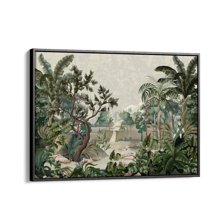Lush jungle scene featuring a river and palms, showcasing LANDSCAPE WITH RIVER AND PALMS, FLORAL FLOWER PAINTINGS.