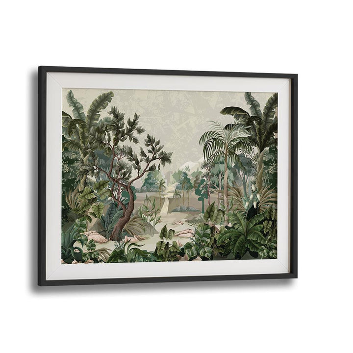 Lush jungle scene featuring a river and palms, showcasing LANDSCAPE WITH RIVER AND PALMS, FLORAL FLOWER PAINTINGS.