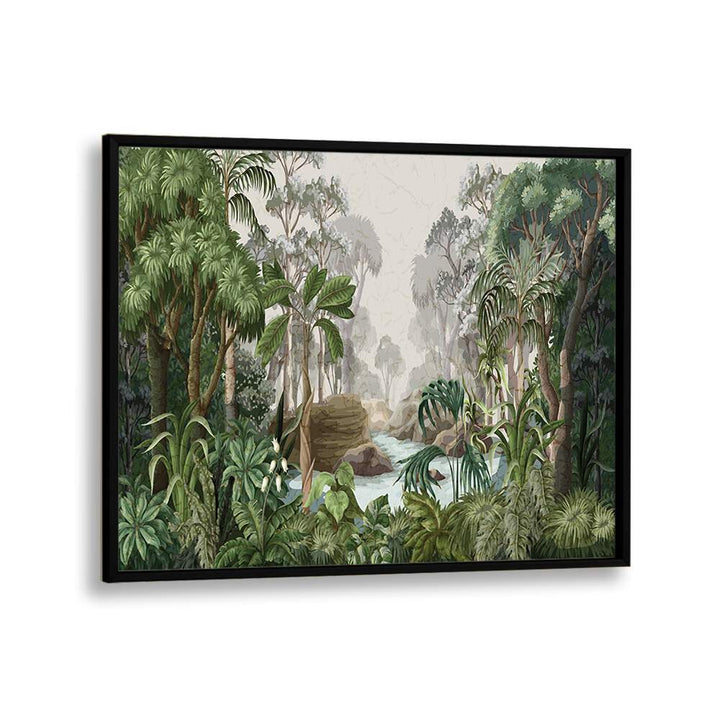 Jungle landscape with river and palms, showcasing vibrant flora in a serene setting. Perfect for floral flower paintings lovers.