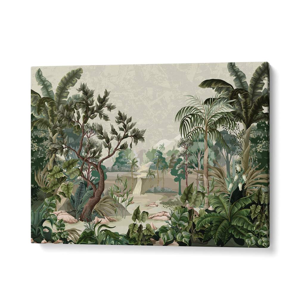 Lush jungle scene featuring a river and palms, perfect for LANDSCAPE WITH RIVER AND PALMS, FLORAL FLOWER PAINTINGS.