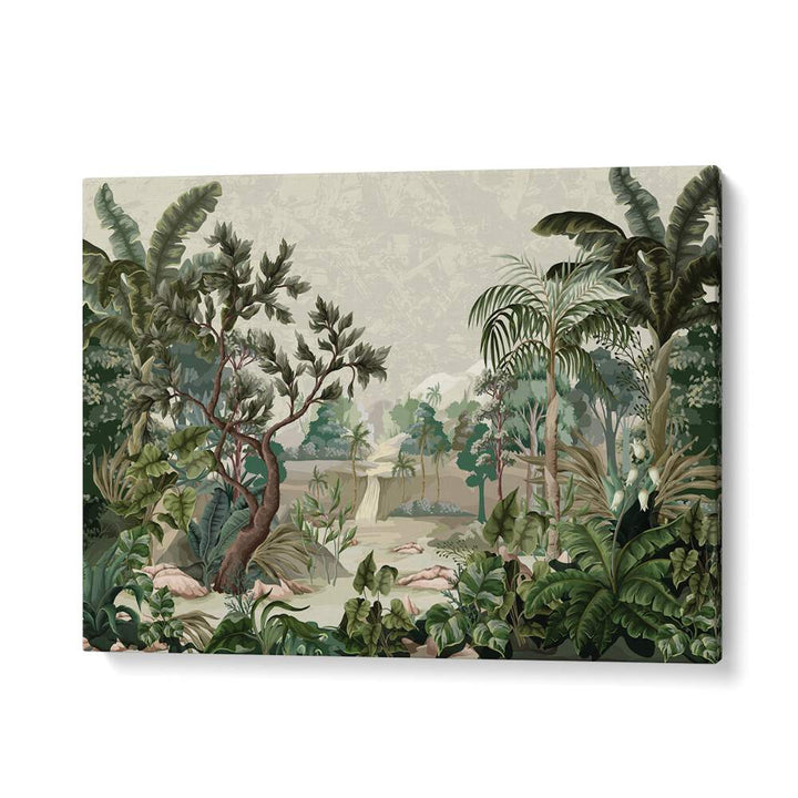 Lush jungle scene featuring a river and palms, perfect for LANDSCAPE WITH RIVER AND PALMS, FLORAL FLOWER PAINTINGS.