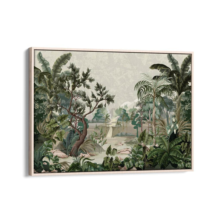 Lush jungle scene featuring a river and palms, perfect for lovers of LANDSCAPE WITH RIVER AND PALMS, FLORAL FLOWER PAINTINGS.