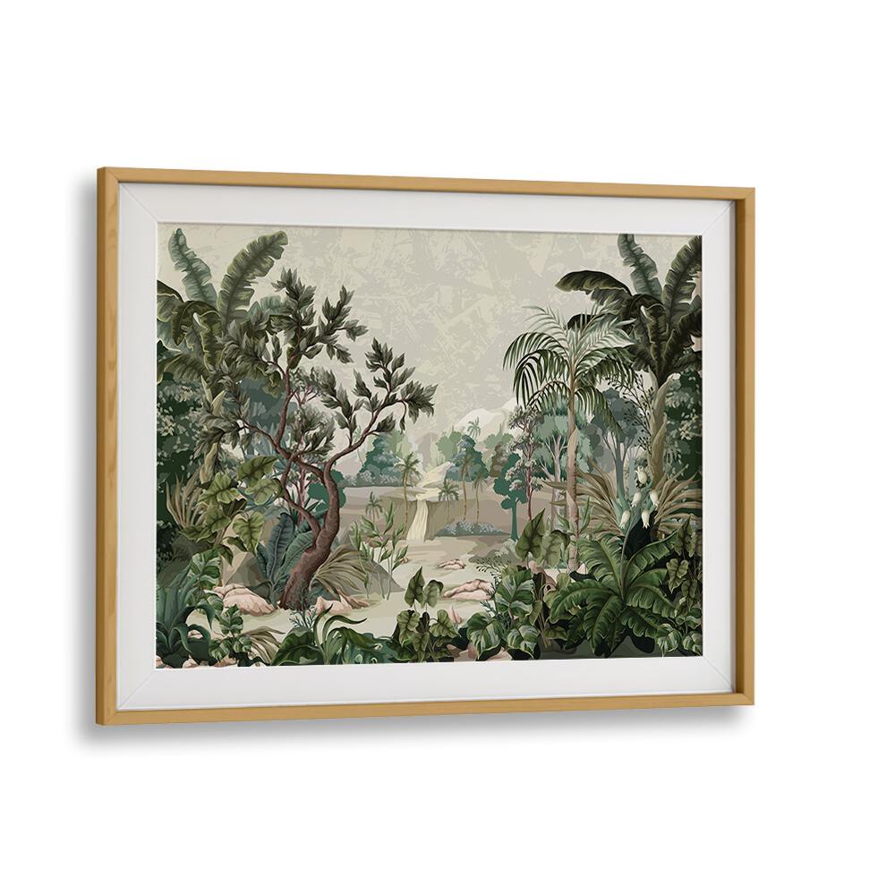 Lush jungle depicted in the LANDSCAPE WITH RIVER AND PALMS, FLORAL FLOWER PAINTINGS art print from our collection.