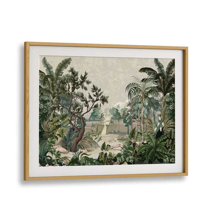 Lush jungle depicted in the LANDSCAPE WITH RIVER AND PALMS, FLORAL FLOWER PAINTINGS art print from our collection.