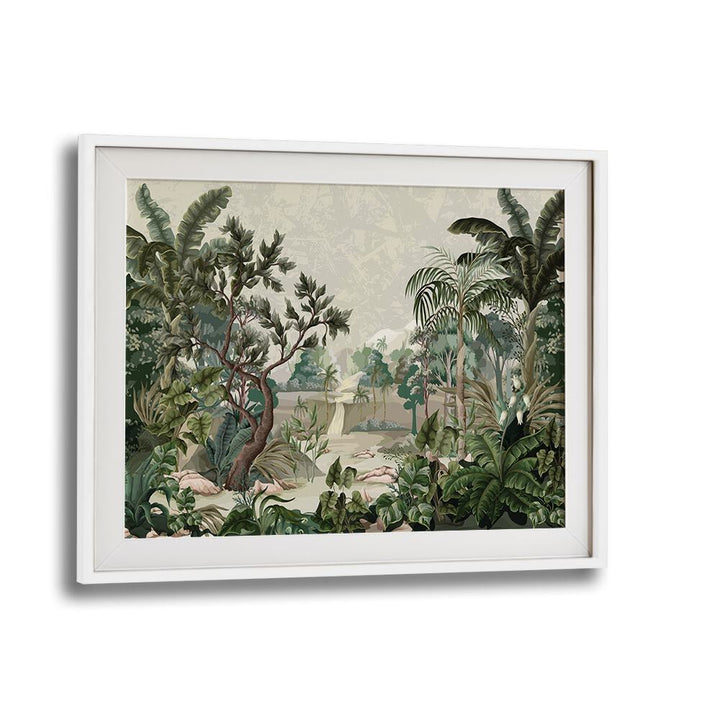 Serene landscape with river and palms, showcasing vibrant flora in a beautiful botanical art print. Perfect for nature lovers.