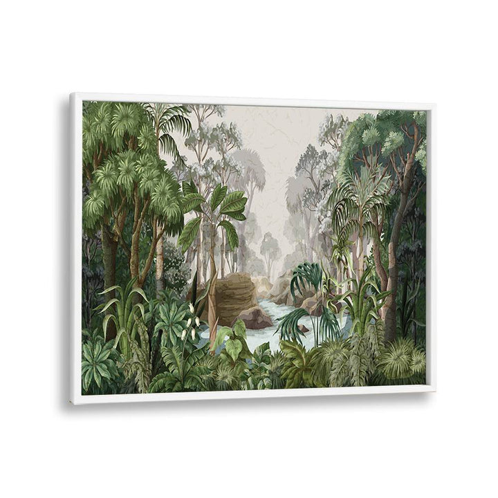 Jungle landscape with river and palms, featuring vibrant floral flower paintings for serene home decor.