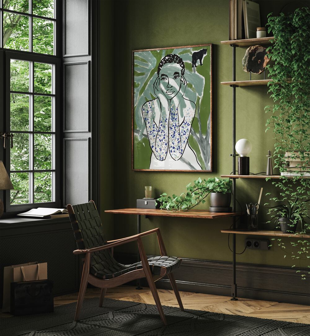 Vibrant JUNGLE ZONE, PORTRAITS artwork enhancing a cozy room filled with greenery and stylish decor.